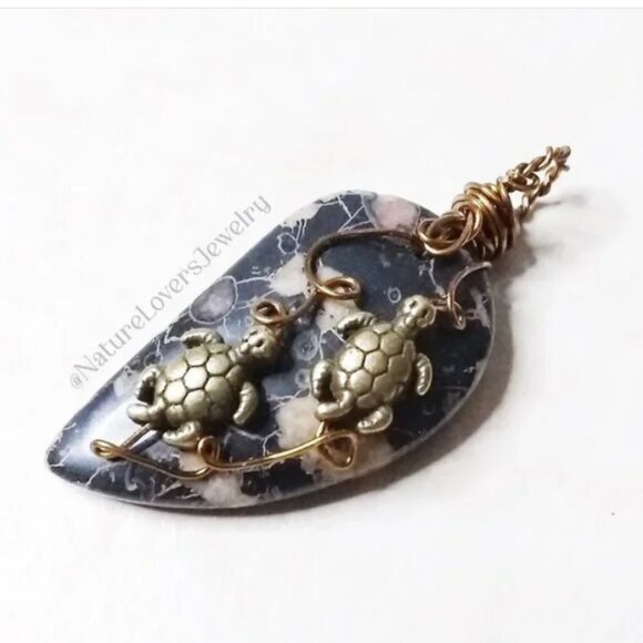Handmade Turtle Pendant | Unique Plum Jasper Stone | Coastal Grandma |Sea Turtle - Picture 3 of 13